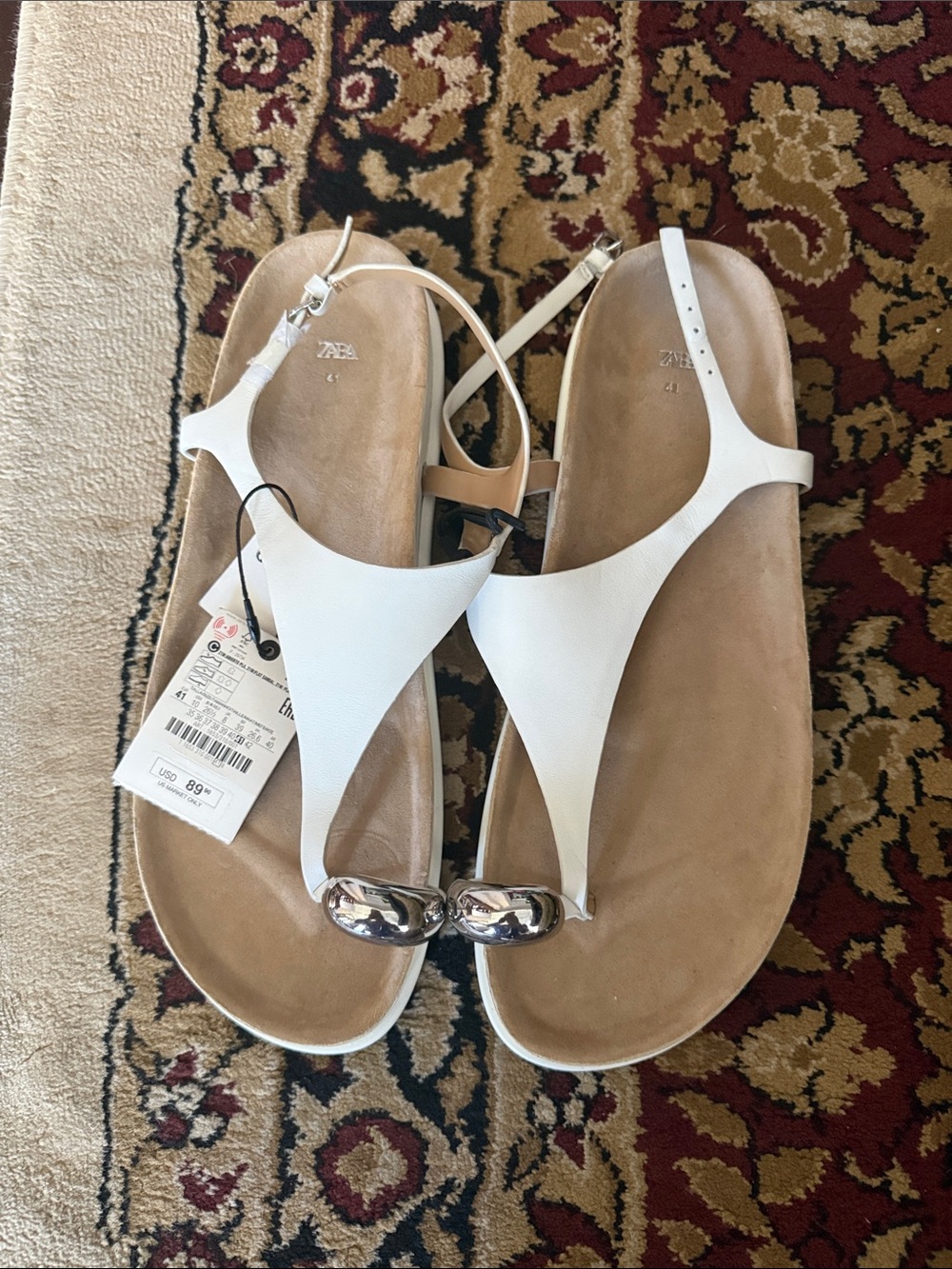 Zara White Leather T-Strap Sandals with Silver Toe Accent